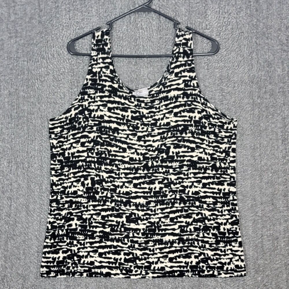 Chicos Travelers Tank Top 3 Women XL Black Tan Abstract Print Slinky Liquid Knit